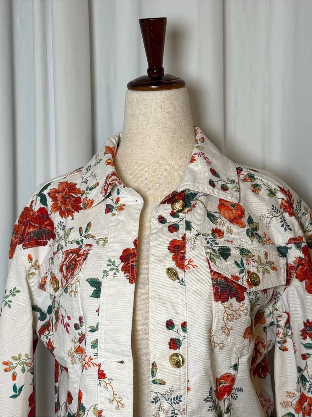 Maje Viflor Floral Denim Jacket White Red Print Stretch Cotton FR 36 Small - Picture 5 of 16